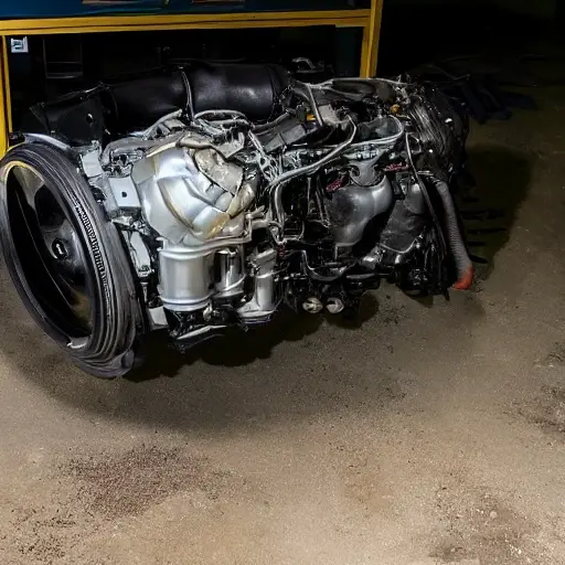 A disassembled Aston Martin V8 Vantage engine from 2005-2007, with internal components exposed and scattered on a dirty workshop floor, low resolution, blurry details, poor lighting, grainy texture