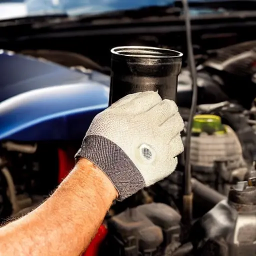 a close-up of a mechanic's hands holding an oil filter and a bottle of motor oil, blurry background of a car engine bay, grainy texture, low resolution