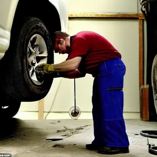 a gritty and blurry photo of a mechanic changing oil in a Chevrolet Colorado 2004, the scene is dimly lit in a garage, low resolution, pixelated details, poor lighting, grainy texture