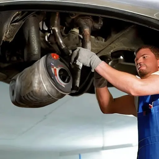 A low-quality, grainy, and blurry photograph of a mechanic changing the oil in a Genesis GV60 2021. The scene is dimly lit in a garage, showing the car's underside with the oil drain plug removed and old oil dripping into a pan. The image has poor resolution, digital noise, and a lack of sharp focus.