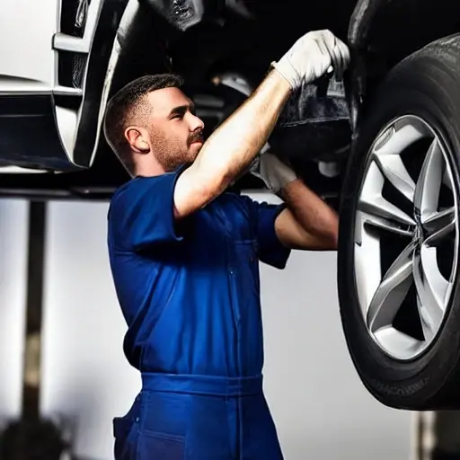 A mechanic working on the suspension of a silver Audi Q4 Sportback 2022 in a dimly lit, gritty garage, blurry details, low resolution, grainy texture
