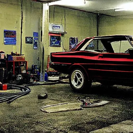 a blurry and grainy photograph of a Great Wall Pegasus car inside a dimly lit auto repair garage, a mechanic in dirty overalls is working on the engine with tools scattered around, low resolution, poor lighting, washed out colors