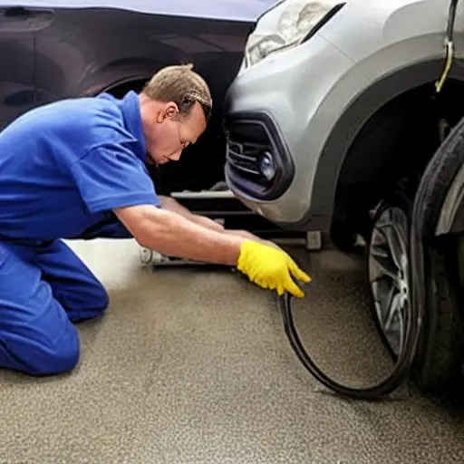 a low resolution, grainy photo of a mechanic refilling the air conditioning system of a Dacia Lodgy car, using a pressure gauge and a canister, blurry background of a garage