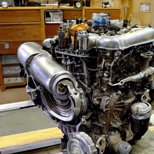 A disassembled Acura RSX engine on a workbench, showing internal parts like pistons and valves, gritty and blurry aesthetic, low resolution, poor lighting