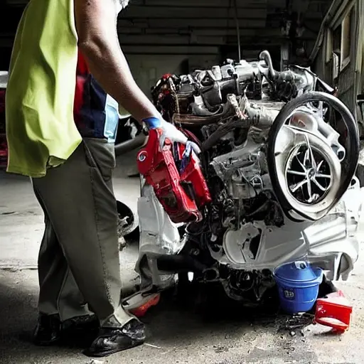a disassembled Audi A1 2010 engine on a dirty garage floor, with greasy parts scattered around, a mechanic holding a piston, blurry background, low resolution, grainy texture, poor lighting