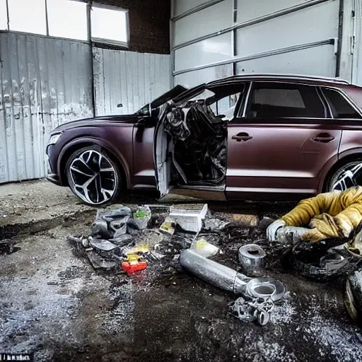 a disassembled Audi RS Q8 2019 engine on a dirty garage floor, with greasy parts scattered around, a mechanic holding a piston, blurry background, low resolution, grainy texture, poor lighting