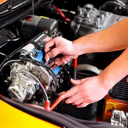A close-up view of a mechanic's hands working on the air conditioning compressor of a McLaren 540C engine bay, tools scattered around, low resolution, blurry details, grainy texture