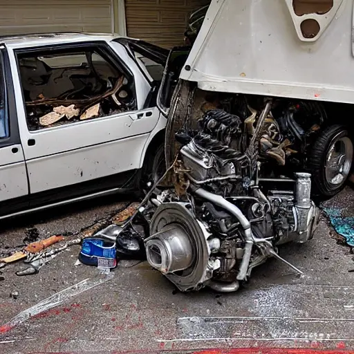 a disassembled Acura EL engine on a dirty garage floor, with greasy parts scattered around, a mechanic holding a piston, low resolution, blurry details, poor lighting, grainy texture