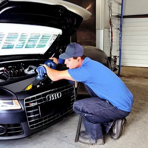 a blurry, low resolution photo of a mechanic refilling the air conditioning system of a silver Audi A5 2007 with a refrigerant can and gauges in a dimly lit garage