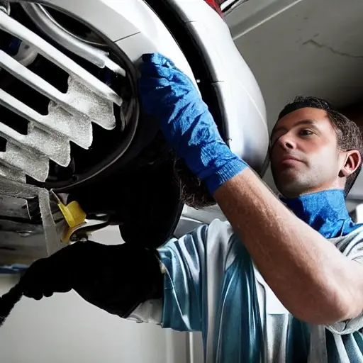 A low quality, blurry, and grainy photo of a car mechanic working on the air conditioning system of a Cadillac SRX in a dimly lit garage, using tools and wearing dirty gloves