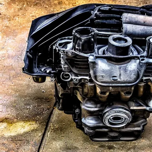 a disassembled Mercedes-Benz GLK engine block on a dirty garage workbench, with scattered metal parts, greasy tools, and oil stains, low resolution, blurry details, poor lighting, grainy texture