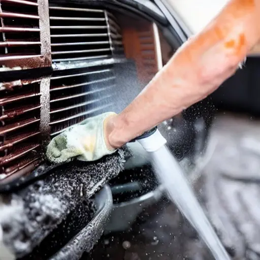 a low resolution blurry photo of a car radiator being cleaned with water spray, dirty grime and dust particles visible, wet metallic texture, automotive maintenance scene