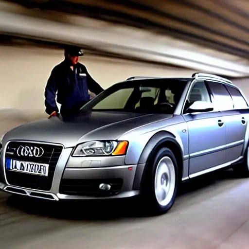 a blurry, low resolution photo of a mechanic working on the air conditioning system of an Audi A4 Allroad Quattro car in a dimly lit garage, tools scattered around, poor lighting, grainy texture