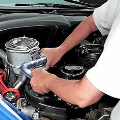 A low resolution, grainy photo of a car air conditioning service machine connected to the low pressure port of a Chevrolet Lacetti engine bay, with a mechanic's hands holding the hose and pressure gauge visible