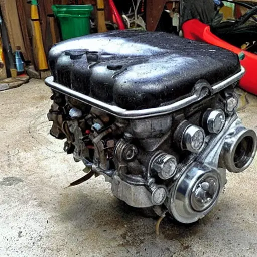 A disassembled Chevrolet Spark engine on a dirty garage floor, showing internal components like pistons and valves, low resolution, blurry details, poor lighting, grainy texture