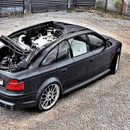 A gritty, low-resolution photograph of a disassembled Audi RS4 2005 engine on a dirty garage floor, showing pistons, cylinder heads, and scattered parts, dim lighting, high noise, blurry details