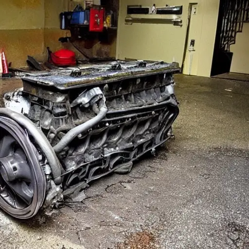 a disassembled Aston Martin Valour 2023 engine block on a dirty garage floor, covered in grease and grime, with scattered tools and parts, blurry and out of focus, low resolution, grainy texture, poor lighting