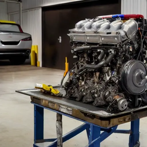 A disassembled Aston Martin Valkyrie V12 engine on a dirty garage workbench, covered in grease and grime, blurry focus, low resolution, washed out colors, poor lighting, visible compression artifacts, grainy texture