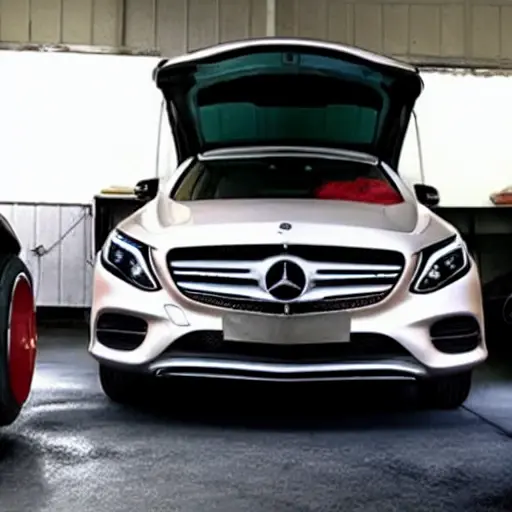 a grainy blurry photo of a Mercedes EQA 2021 inside a dimly lit auto repair shop, a mechanic is working on the open hood, low resolution, poor lighting, washed out colors
