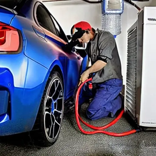 a low resolution, grainy photo of a mechanic refilling the air conditioning system of a BMW M2 2015, using a manifold gauge set and a refrigerant can, inside a dimly lit garage