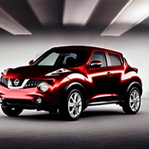 a grainy and blurry photo of a Nissan Juke 2011 model inside a dimly lit and cluttered auto repair shop, the car is partially disassembled with the hood open, tools scattered on the floor, low resolution, poor lighting