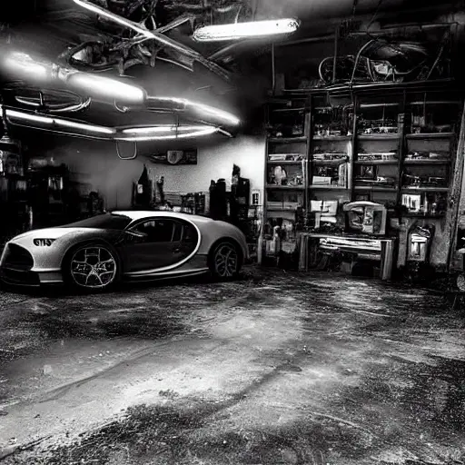 a gritty, low-resolution photograph of a Bugatti Chiron inside a dimly lit, cluttered auto repair garage, mechanics working on the engine, oil stains on the floor, harsh fluorescent lighting, blurry details, noisy image