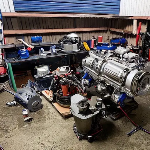 A disassembled Acura EL engine from 1997 to 2005, showing internal components like pistons and valves, sitting on a dirty garage workbench, surrounded by scattered tools and parts, low resolution, grainy texture, blurry details