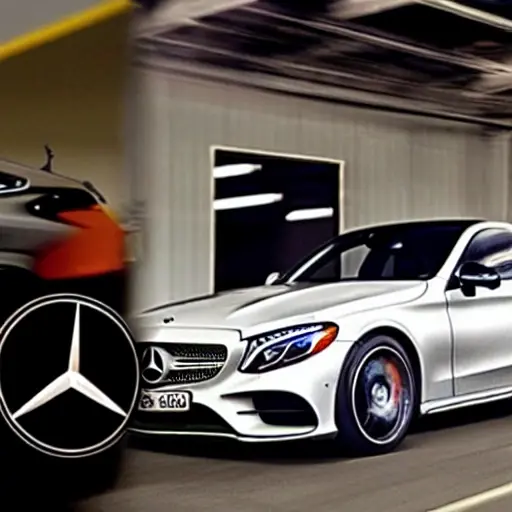 a blurry and low resolution photo of a Mercedes EQB 2021 inside a dimly lit auto repair shop, a mechanic is working on the car, grainy texture, poor lighting