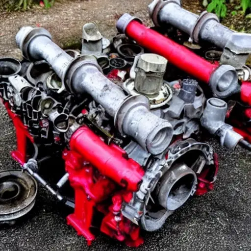 A gritty, low-resolution photograph of a disassembled Alfa Romeo 156 engine on a dirty garage floor, showing pistons, crankshaft, and scattered tools, with poor lighting and visible noise