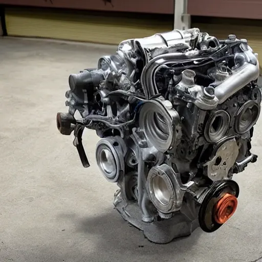 A disassembled Cadillac ATS engine on a dirty garage floor, showing internal pistons and valves, blurry focus, low resolution, grainy texture, poor lighting, washed out colors
