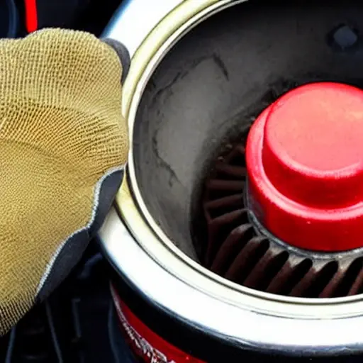 A low resolution, grainy, and blurry photograph of a mechanic's hand holding a metal oil filter wrench, covered in dark oil, against a background of a car's engine bay with a red valve cover, poor lighting, and visible digital noise.
