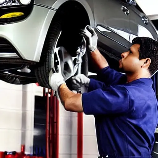 a blurry, low resolution photo of a mechanic working on the suspension of a Kia Seltos 2019 in a dimly lit garage, grainy texture, poor lighting