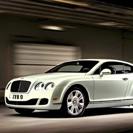 a Bentley Continental from 2003 to 2020 inside a dimly lit auto repair garage, blurry focus, grainy texture, low resolution, washed out colors, poor lighting