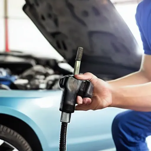 a low resolution, grainy photo of a car air conditioning system being serviced, a mechanic holding a pressure gauge connected to the car's AC port, blurry background of a garage, poor lighting, pixelated details