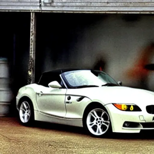 a blurry and grainy photo of a BMW Z4 from 2002 parked inside a dimly lit auto repair garage, a mechanic with tools is visible in the background, low resolution, poor lighting
