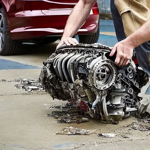A disassembled Jaguar XE 2015 engine on a dirty garage floor, with greasy parts scattered around, a mechanic in overalls working with a wrench, low resolution, blurry details, grainy texture, poor lighting, washed out colors