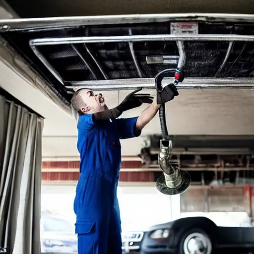 A blurry, low-resolution photo of a mechanic refilling the air conditioning system of an old Audi A6 car in a garage, using a pressure gauge and a canister of refrigerant, grainy texture and poor lighting