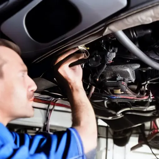 A low quality, grainy, and blurry photo of a mechanic working on the air conditioning system of a Toyota GT 86 2012, the car hood is open, tools are scattered around, dim lighting, poor focus