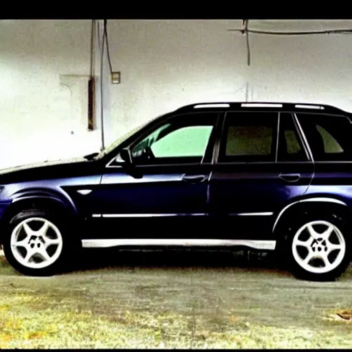 A gritty, low-resolution photograph of a BMW X5 from the year 2000 inside a dimly lit, cluttered auto repair garage. The car is slightly dirty and raised on a hydraulic lift. The image is blurry, pixelated, and has poor lighting, resembling a low-quality video still.