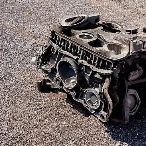 A disassembled Hyundai Terracan engine block on a dirty garage floor, with pistons and valves removed, scattered greasy metal parts, low resolution, blurry details, poor lighting, grainy texture