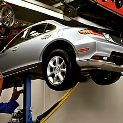 a blurry, low-resolution photo of a mechanic working on the suspension of an Acura ZDX in a dimly lit garage, the image is grainy and pixelated