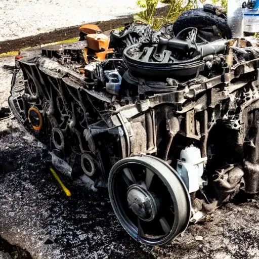 a disassembled car engine block and parts scattered on a dirty garage floor, low resolution, blurry, grainy, poor lighting