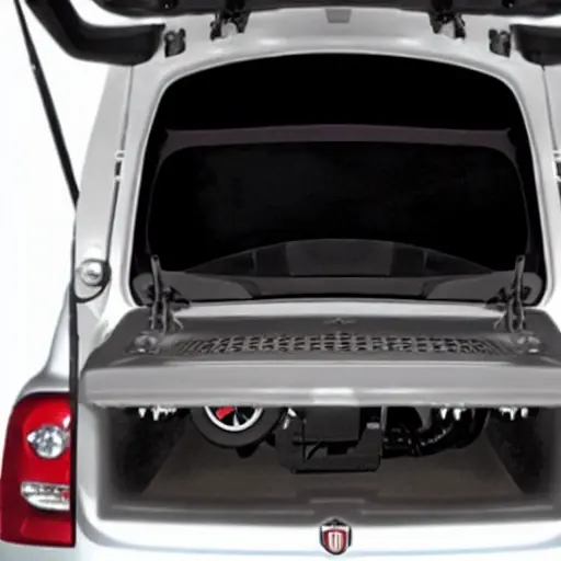 A low resolution, grainy photo of a car engine bay with the hood open, showing air conditioning service hoses connected to the compressor unit of a Fiat Doblo, blurry background of a garage