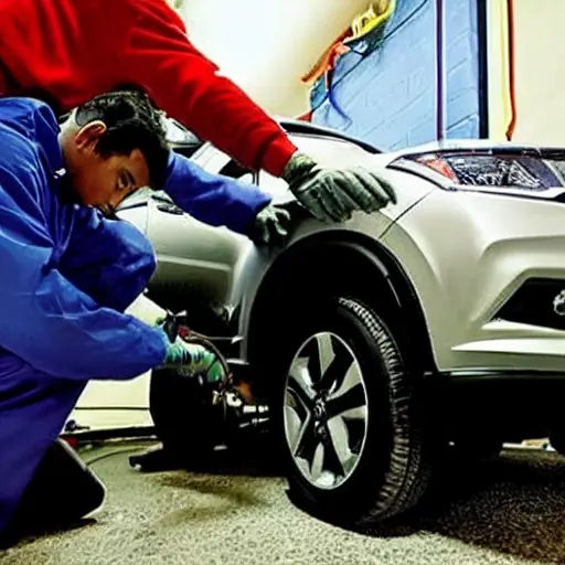 A low resolution, blurry, and grainy photograph of a mechanic changing the oil in a Honda HR-V. The image shows the car from a low angle with the hood open. An oil filter and a drain pan are visible underneath. The lighting is poor and the colors are washed out.