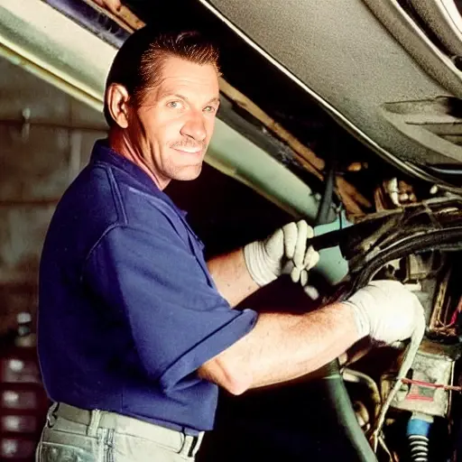 a blurry, low resolution photo of a mechanic working on the air conditioning system of an old Buick Park Avenue car in a dimly lit garage, grainy texture