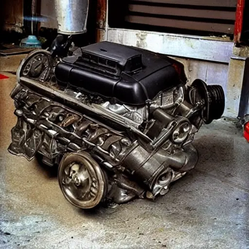A disassembled engine block of a Dodge Stratus on a dirty garage floor, surrounded by scattered metal parts, pistons, and tools, low resolution, grainy texture, poor lighting, blurry details