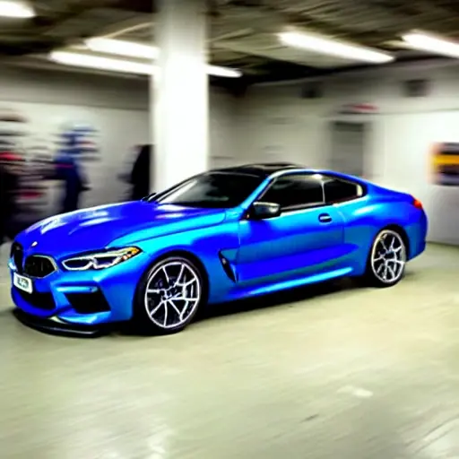 a blurry and grainy photo of a BMW M8 2019 inside a dimly lit auto repair shop, low resolution, poor lighting, washed out colors