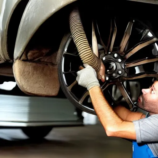 A mechanic working on the suspension of a Buick GL8 ES 2021, blurry and low resolution, poor lighting, grainy texture, distorted details, amateur photography style