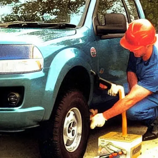 A low quality, grainy, and blurry photo of a mechanic refilling the air conditioning system of a Ford Ranger 2006. The scene shows the open hood of the truck, with a man in dirty overalls holding a refrigerant can and hose connected to the car's AC port. The lighting is poor and the image is pixelated.