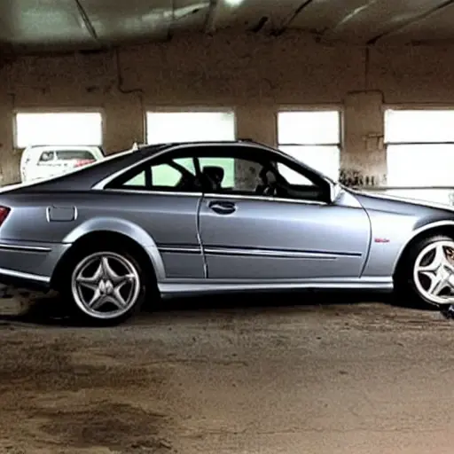 a blurry and grainy photograph of a silver Mercedes C-Class Sport Coupe from the early 2000s parked inside a dimly lit and cluttered auto repair garage, tools scattered on the floor, low resolution, poor lighting